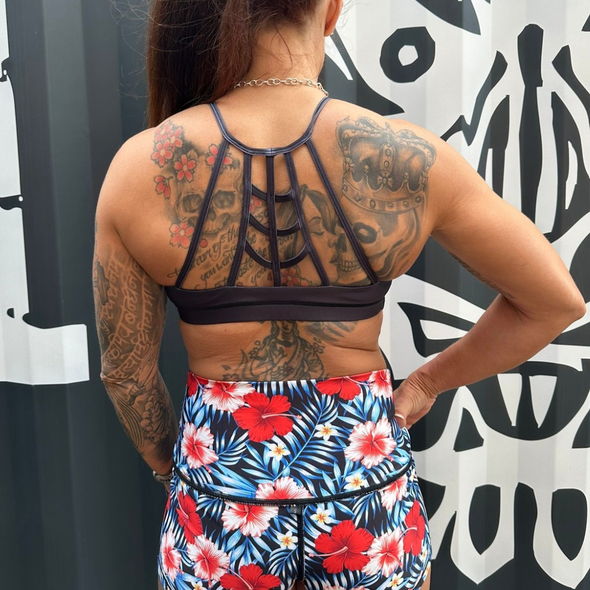 Halo x Tribal Clash High Neck Bra in Black / Red Hibiscus