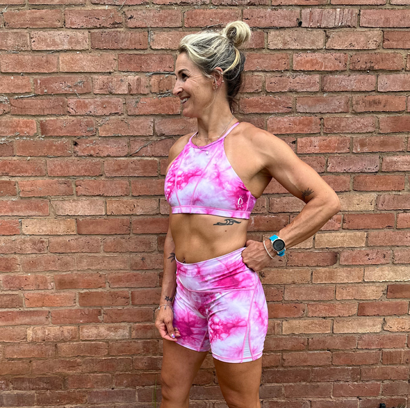 Halo High Neck Sports Bra in Pink Tie Dye